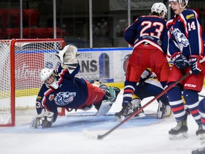 The Cornwall Colts goaltender Emile Savoie leaps across his crease during play against the Carleton Place Canadians, on Thursday September 23, 2021 in Cornwall, Ont. Cornwall lost 4-3 in a shootout. Robert Lefebvre/Special to the Cornwall Standard-Freeholder/Postmedia Network