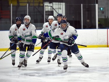 Hawkesbury Hawks players skate towards their bench to celebrate a goal during exhibition play against the Cornwall Colts on Friday September 17, 2021 in Hawkesbury, Ont. Cornwall won 4-2. Robert Lefebvre/Special to the Cornwall Standard-Freeholder/Postmedia Network