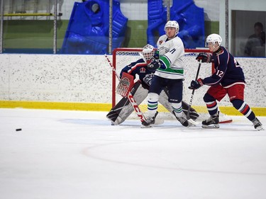 Everyone has their eye on the incoming puck heading towards Cornwall Colts goaltender Alex Houston during exhibition play against the Hawkesbury Hawks on Friday September 17, 2021 in Hawkesbury, Ont. Cornwall won 4-2. Robert Lefebvre/Special to the Cornwall Standard-Freeholder/Postmedia Network