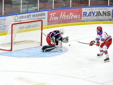 Cornwall Colts goaltender Emile Savoie preps to block a shot from Rockland Nationals Nick White during exhibition play on Thursday September 16, 2021 in Cornwall, Ont. Cornwall won 2-1. Robert Lefebvre/Special to the Cornwall Standard-Freeholder/Postmedia Network