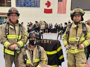 Matt Krug (right), of the WPFD, was on a team with Milverton firefighters out of the Perth East fire department Mike Carter (left) and Scott Smith, three firefighters to participate in a Sept. 11 memorial in Sarnia.