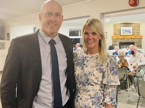 Ben Lobb celebrated his fifth win for another term as MP of Huron-Bruce with his wife Samantha at the Goderich Sunset Golf Course in Goderich on Monday night. Kathleen Smith/Postmedia