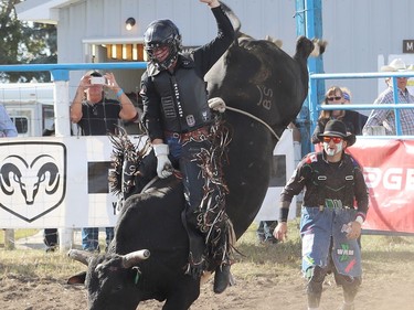 Coronation, Alta rider Tanner Eno stuck to his bull on Sept. 25 at the Hanna Indoor Pro Rodeo, held at the Hand Hills Lake Stampede grounds due to COVID-19. While Eno had a great ride, it wasn't enough to take home prize money. Jackie Irwin/Postmedia