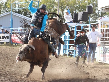 Jared Parsonage from Maple Creek, SK, took home first prize in the Bull Riding event at the Hanna Indoor Pro Rodeo on Sept. 25, taking home $1,146.80 for his ride to 84 points on Sawyer Pro Rodeo's 525 Dust Off. The rodeo was held at the Hand Hills Lake Stampede Grounds due to COVID-19 regulations. Jackie Irwin/Postmedia