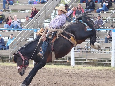 Chance Barrass from Yellowhead County, Alta took home fourth for his 76.5 bronc ride at the Hanna Indoor Pro Rodeo, held at the Hand Hils Lake Stampede grounds, earning himself $267.90. Jackie Irwin/Postmedia