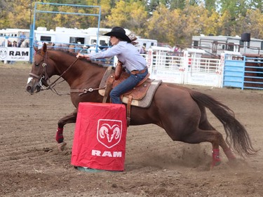 Shelby Spielman rode her way into $1,180.17 during the Ladies Barrel Racing over the Sept. 25-26 weekend with a time of , 16.409, taking home second overall at the Hanna Indoor Pro Rodeo held at the Hand Hills Lake Stampede Grounds due to COVID-19. Jackie Irwin/Postmedia