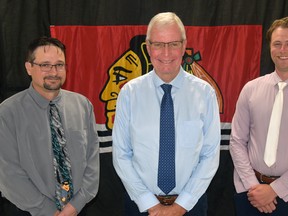 Ken Jacklin (left), Louie Livingston and Ben Nelson were officially introduced as coaches of the Mitchell Hawks for the upcoming 2021-22 PJHL season. Livingston replaces Daryl O'Connell as the head coach, and has brought in Jacklin and Nelson. Assistant GM Holdyn Lansink will assist on the bench when he can. ANDY BADER/MITCHELL ADVOCATE