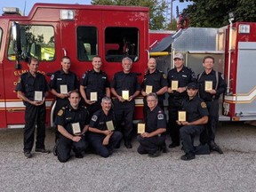 The Elmwood Fire Department hosted their service awards ceremony on Sept. 15. Pictured here are members who were recognized for their years of service. Top row: John Becker (40 years), Erich Stutzki (10 years), Luc Lang (10 years), Alf Brenndorfer (45 years), Doug Cowell (10 years), Rick Moore  (5 years), Hannes Aasa (5 years). Botom row: Tim Olds (15 years), Alex Dennie (20 years), Perry McKnight, 18 years, retired member), and Ryan Brunner (15 years). Missing from the photo is Chris Brunner.