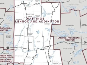 A map of the Hastings, Lennox and Addington federal riding.