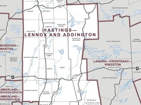 A map of the Hastings, Lennox and Addington federal riding.