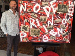 Artist Corey Ceccarelli with his painting, "No Pride in Genocide". The work will be on display starting September 30, the National Day of Truth and Reconciliation, throughout the month of October.  
Supplied by Dennis O'Connor