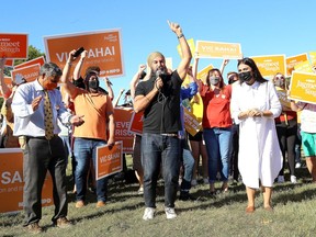 Federal New Democratic Party leader Jagmeet Singh and his wife Gurkiran Kaur Sidhu make a campaign stop at Lake Ontario Park in Kingston on Thursday September 16, 2021 on behalf of Kingston and the Islands candidate Vic Shaai, left and Lanark-Kingston-Frontenac.