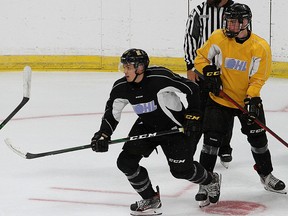 Kingston Frontenacs overage candidate Lucas Edmonds takes part in a scrimmage at the Leon's Centre in Kingston on Wednesday.