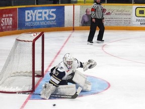 Kirkland Lake Gold Miners goalie Nicolas Alvarez keeps a close eye on the puck during second period action during the team's 5-2 win over Cochrane.