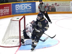 Luca Maiuri scores this shoot out goal during Friday's loss to French River