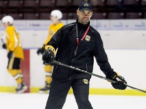 Sarnia Sting head coach Alan Letang watches practice during training camp at Progressive Auto Sales Arena in Sarnia, Ont., on Wednesday, Sept. 1, 2021. Mark Malone/Chatham Daily News/Postmedia Network