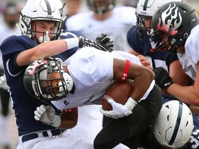 CCH's Nicholas Stranges hauls down Aquinas Flames running back Jaden Blackman during a high school senior football game in this file photo from 2018. (Free Press files)