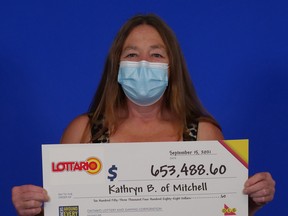 Kathryn Bradshaw, of Mitchell, won Ontario's jackpot of $653,483.60 in the Aug. 7 LOTTARIO draw.