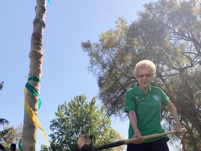 Mitchell's Jean Morris throws some dirt into the hole where a red point maple tree was planted in Mitchell's Lions Park Sept. 18, the 4-H Ontario arbor award ceremony. The 14-ft. tree is not too far off the walking trail to everyone can be aware of the 4-H involvement in the area. ANDY BADER/MITCHELL ADVOCATE