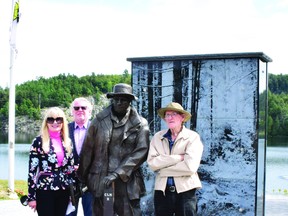 Photo by KEVIN McSHEFFREY/THE STANDARD
Laura Brown Breetvelt – the artist who created the Prospector’s Monument, and David E. Luxton – who wrote the poem engraved on the back of the monument, were joined by Jim Ryan who is among the last living prospectors who worked in this area in 1953. Ryan represented all the prospectors who worked in the area.