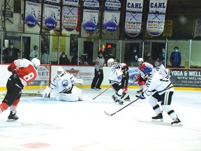 Photo by KEVIN McSHEFFREY/THE STANDARD
Elliot Lake Red Wings captain Dayton Clarke scored the team’s second of four goals on the Espanola Express netminder Patrick Boivin on Saturday at the Centennial Arena.