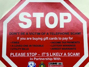 RCMP are working with local businesses that sell gift cards, asking if they will display this stop sign at the gift card display, in an attempt to educate consumers about gift card scams.