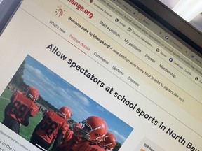 A North Bay father has started an online petition to try and change the minds of the four area school boards who will not allow fans in the stands at outdoor high school sporting events. A school board in Niagara Falls changed its stance after an online petition garnered 2,700 signatures.