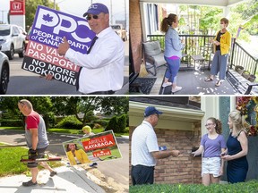 From top left: People's Party of Canada candidate Mike McMullen campaigns on Wharncliffe and Commissioners roads, New Democratic Party candidate Shawna Lewkowitz speaks with Megan Winkler, volunteer Mike Cairns and his son Jackson, 11, put up signs for Liberal candidate Arielle Kayabaga and Conservative candidate Rob Flack speaks with Dianne Springmann and her 13-year-old granddaughter Claudia Arthur. (Photos by Derek Ruttan and Mike Hensen, The London Free Press)