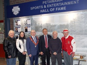 The 2020 class that was to be inducted into the Petawawa Sports and Entertainment Hall of Fame last June featured Tracy Annand, Hector Clouthier Sr. (posthumous), Ed Chow, Brian Mohns and Joshua Bartholomew. Taking part in the official announcement in February 2020 wer (from left) Dwight Suckow who nominated Hec Clouthier Sr., inductee Tracy Annand, Petawawa Mayor Bob Sweet, inductees Ed Chow and Brian Mohns, and Hec Clouthier Jr. who was to serve as MC for the ceremony, which had to be postponed due to COVID-19.