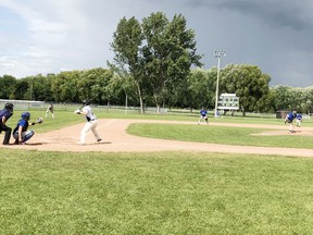 Petawawa starting pitcher Alex Lister throws the first pitch of the second game of a doubleheader in a battle of the top two teams in the Ottawa Valley Baseball League. Killaloe beat Petawawa 8-5 to remain as the only undefeated team in the league.