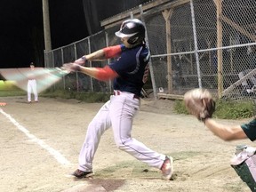 Micksburg's Jared Steege swings at a pitch from Ottawa Valley A's pitcher Ben Broek in a 4-2 A's win over the Twins.