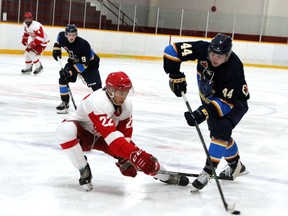 Pembroke Lumber Kings' forward Jack Stockfish challenges Preston Brighton during first period exhibition action at the Pembroke and Area Community Centre Sept. 12. The Kings beat the Wolves 4-1.