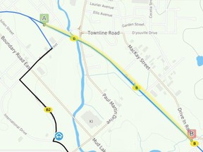 A map provided by the Renfrew County ATV Club showing the section of CN railbed sold between A and B (approximate). RCATV does not know yet how the closure will be marked, once it's closed physically we ask that riders respect the change in ownership.