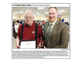A clipping from the Pembroke Observer from 2013 when Bruce Skelhorn was presented with the Queen's Jubilee Medal by Renfrew-Nipissing-Pembroke MPP John Yakabuski.