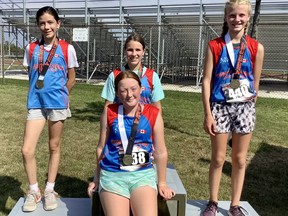 The Woodstock Legion Athletic Club won multiple medals at the recent Athletics Ontario  West Region Rising Stars Championship at Hamilton’s Mohawk Sports Park. The girls' U12 team won the 4x100m relay. Back row from left: Ana Maya, Brooklyn Donais, Avery Molinaro. Front row: Brook Halward.