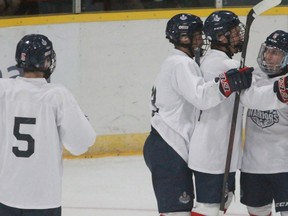 The Stratford Warriors celebrate a goal during a preseason win over St. Marys. Stratford opens the 2021-22 season Friday against Listowel at 7:30 p.m.