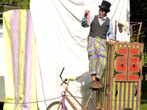 Carl Vincent of Theatre du Crapaud Cornu performed his interactive puppetry and clown show, The Little Travelling Puppet Castle, on the Gallery Stratford front lawn last fall as part of the SpringWorks Festival’s Culture Days programming. (Galen Simmons/Beacon Herald file photo)