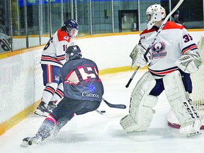 Soo Thunderbirds goalie Noah Zeppa keeps on eye on the puck and the play behind the net in NOJHL season opening action. NOJHL.com