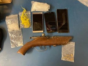 This photo provided by Sarnia police shows items allegedly seized on Wednesday, Sept. 15, 2021. (Sarnia police)