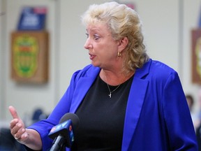 Marilyn Gladu speaks with reporters shortly after arriving at her campaign headquarters at the Royal Canadian Naval Association on Monday September 20, 2021 in Sarnia, Ont. Gladu was seeking a third straight term as Sarnia-Lambton's MP. (Terry Bridge/Sarnia Observer)