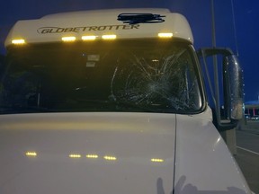 Lambton OPP said they stopped a transport truck from Michigan on Tuesday, Sept. 21, 2021 with a heavily damaged windshield due to a collision with an animal. The driver was charged and the vehicle was taken out of service until it was properly repaired, police said. (Lambton OPP)