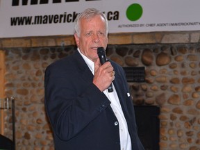 Former Conservative cabinet minister and interim leader for the Maverick Party, Jay Hill, speaks to area residents last week during a stop in Spruce Grove on Sept 1.