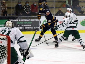 The Sprue Grove Saints downed the Sherwood Park Crusaders in back to back games, 4-1 and 5-2 on Sept. 17 and 18, to sweep their opening weekend of the AJHL 2021-2022 regular season. The Saints are back in action on Friday, Sept. 24, in Lloydminster when they face the Bobcats at the Centennial Civic Centre Arena. Puck drop is 7:30 p.m.