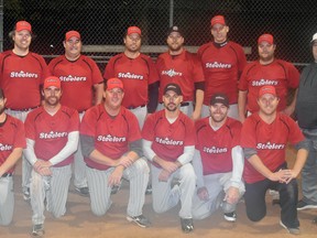 The Steelers captured the 2021 'A' championship of the Mitchell Men's Slo-pitch League Sept. 30 with a 23-22 win over the Rams in Game 3 of their best-of-three series. Back row (left): Joe Graul, Jeremy Baxter, Kyle Verberne, Beau Dill, Jeremy Rose, Joe McCreight, Adam Wolfe. Front (left): Brad Walt, Trevor Rose, Mike Feltz, Chris Ward, Matt Fischer and Ryan Brown. ANDY BADER/MITCHELL ADVOCATE