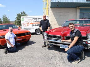 Wade Hein, left, of Pass It On Undercoating, Mike Zimmer, sales manager of Victory Lube, and Joseph Gregorini, of Ponterio Developments, are inviting the community to Sudbury CARes car show in Sudbury, Ont. on September 12, 2021. The event, which is being organized by Hein and Gregorini and sponsored by Victory Lube, Lee Valley Motors and Sudbury Auto Glass, is a fundraiser to support the Sudbury Food Bank and the NEO Kids Foundation. The car show will be held at the Verdicchio Ristorante parking lot on Kelly Lake Road from 8 a.m. to 5 p.m. Larry Berrio will be performing at the show. Entry to the event is a donation at the gate. John Lappa/Sudbury Star/Postmedia Network
