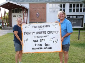 Patti and Doug Wilkin are inviting Greater Sudburians to Trinity United Church's annual fish and chip dinner in Lively on Sept. 11 from 11 a.m. to 6 p.m. The takeout dinner includes half pound of haddock, fries, lemon and tarter, and coleslaw for $15. Preorders are encouraged by Sept. 10 at 8 p.m. To order, call 705-692-0608, or 705-677-5292. There will be a bake sale as well.
