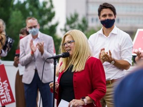 Liberal candidate Viviane Lapointe speaks during a visit from Prime Minister Trudeau during the federal election campaign.  Supplied