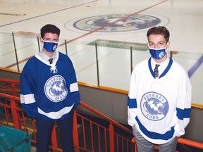 The Rayside Balfour Canadians held a press conference at the Gerry McCrory Countryside Sports Complex in Sudbury, Ont. on Thursday September 9, 2021. The hockey franchise announced the team has been renamed and rebranded as the Greater Sudbury Cubs. Players Kyler Campbell, left, and Cole Quevillon model the new jerseys. John Lappa/Sudbury Star/Postmedia Network