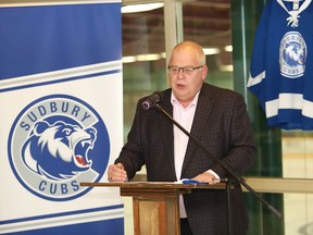 NOJHL commissioner Robert Mazzuca makes a point at a press conference at the Gerry McCrory Countryside Sports Complex in Sudbury, Ont. on Thursday September 9, 2021. The Rayside Balfour Canadians junior franchise has been renamed and rebranded as the Greater Sudbury Cubs. The team will play at Countryside. John Lappa/Sudbury Star/Postmedia Network