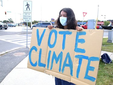 Climate activist Sophia Mathur, of Fridays For Future Greater Sudbury, participates in a rally in Sudbury, Ont. on Friday September 10, 2021. The theme of the event was "Vote Climate because it is Code Red for humanity." John Lappa/Sudbury Star/Postmedia Network